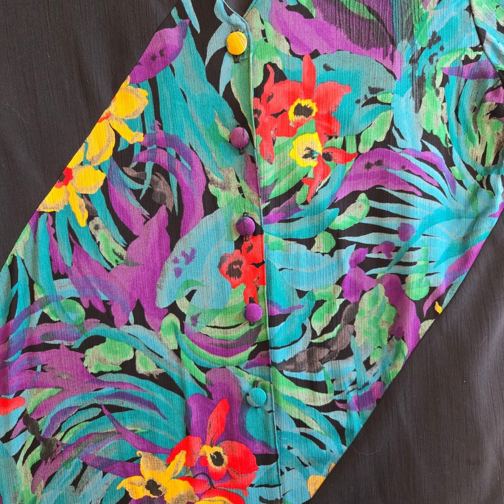 Vintage Floral Print Button Down Short Sleeve‎ Top Colorful Artsy Tropicalcore - Picture 3 of 8
